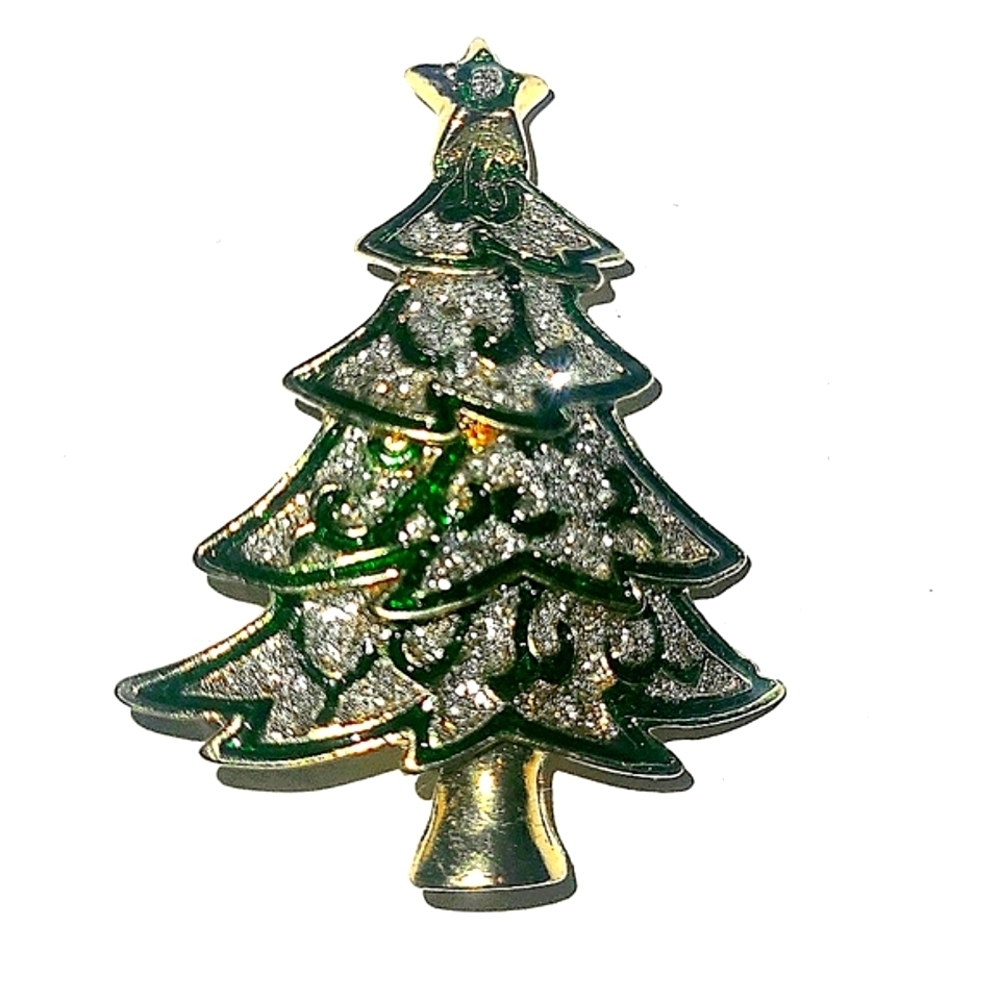 Kim Rogers Christmas Tree Brooch Green Enamel Gold Pave Crystal Holiday Pin NWT